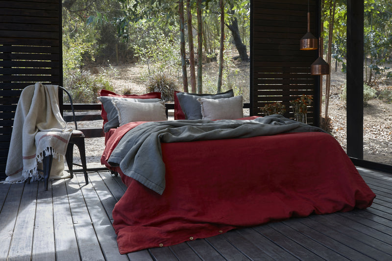 Set funda plumón 100% lino prelavado, color granate.