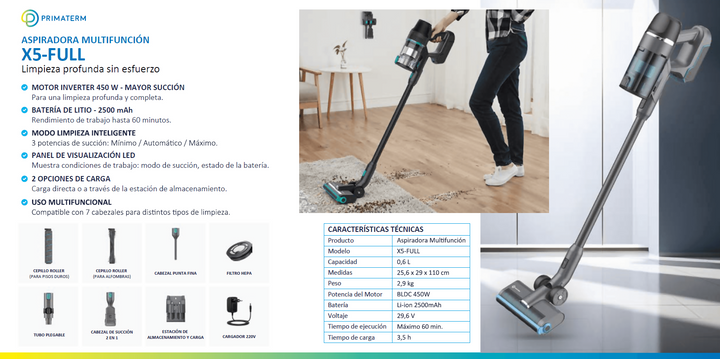 Aspiradora Inalámbrica X5-Full 450w + Accesorios PRIMATERM