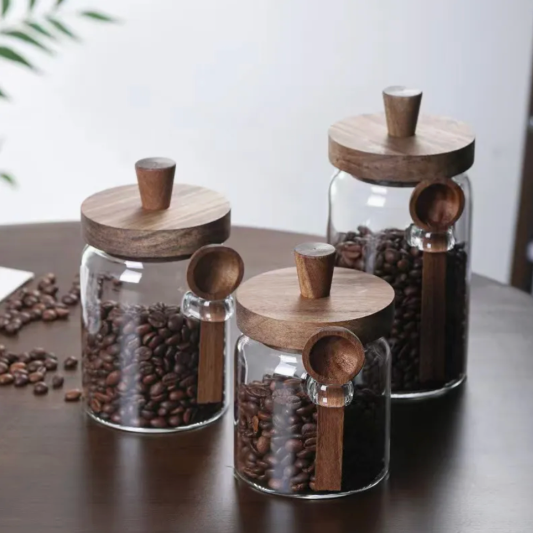 Contenedores de Vidrio Tapa Madera y Cucharita 3un