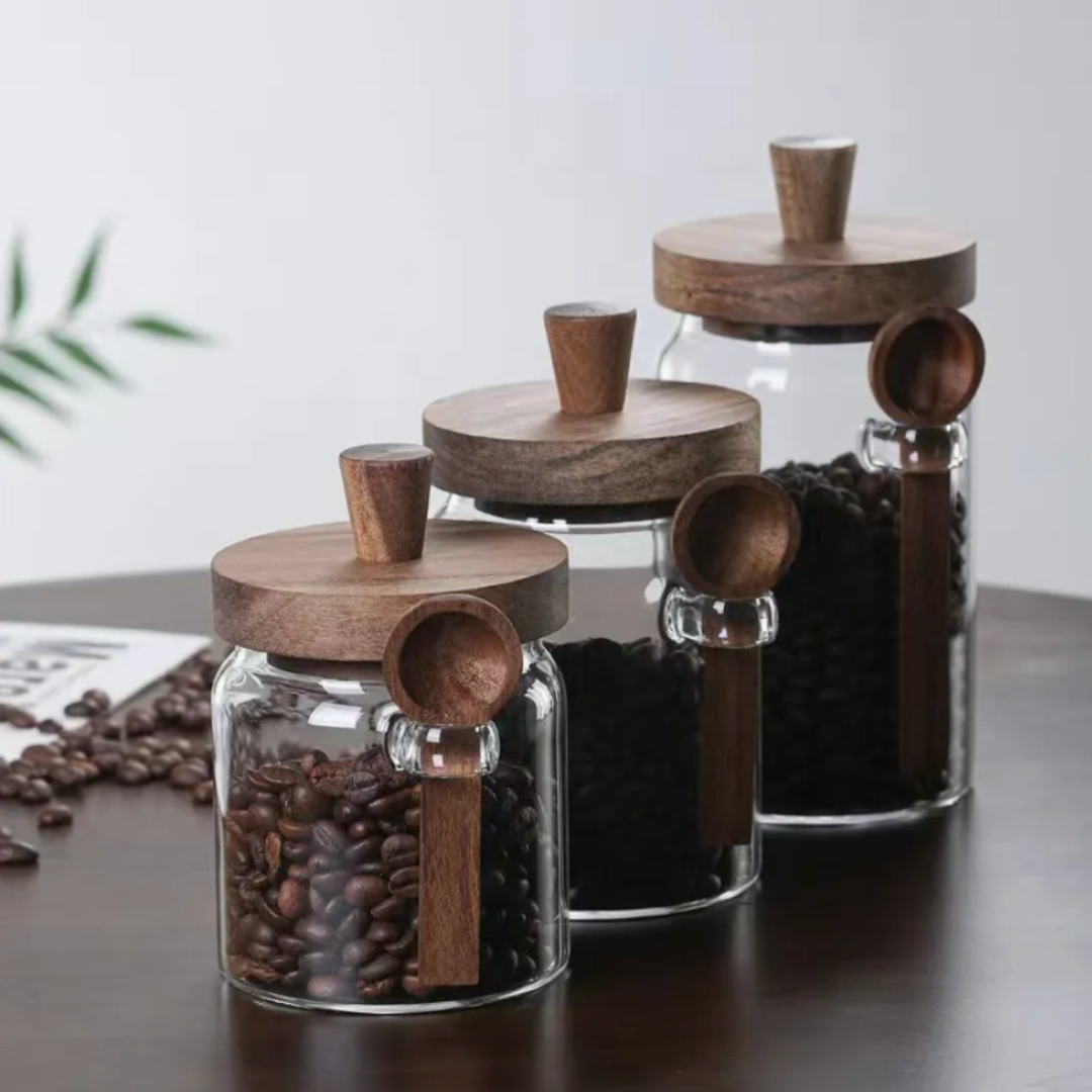 Contenedores de Vidrio Tapa Madera y Cucharita 3un