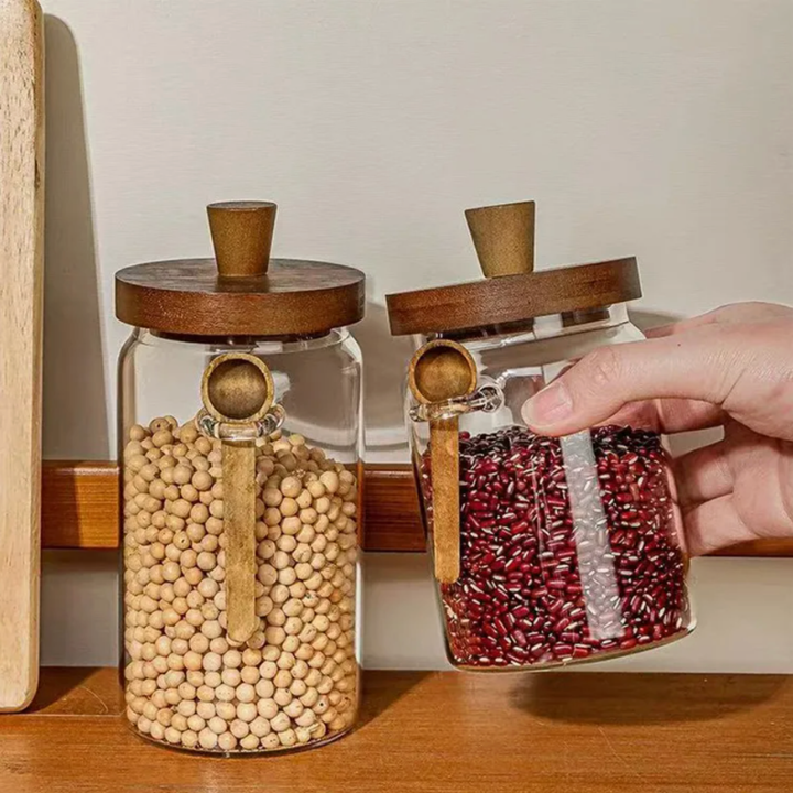 Contenedores de Vidrio Tapa Madera y Cucharita 3un