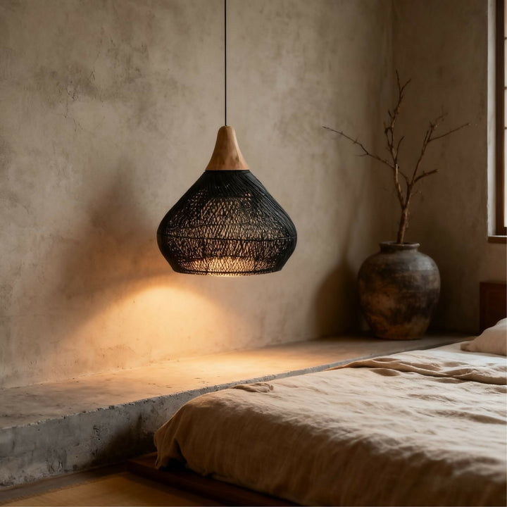 Lampara Colgante Rattan Claro Negro Duna 50cm