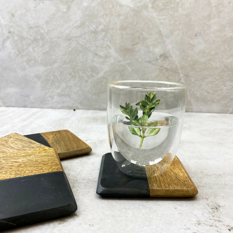 Set de 4 Posavasos de Mármol Negro y Madera