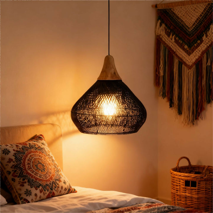 Lampara Colgante Rattan Claro Negro Duna 50cm