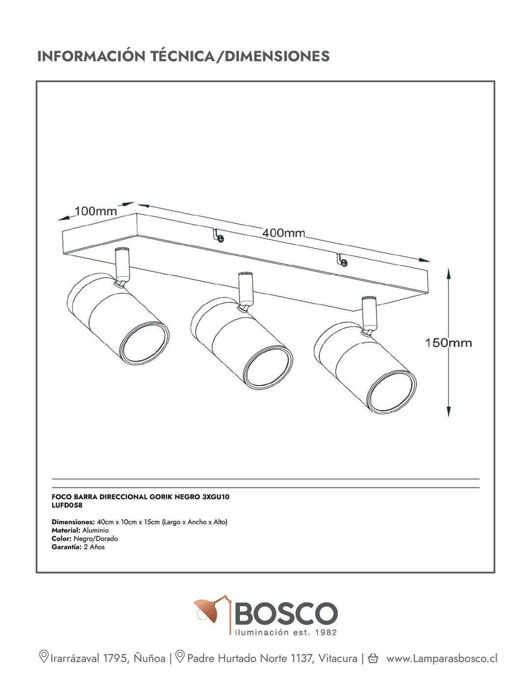 FOCO BARRA DIRECCIONAL GORIK NEGRO 3XGU10