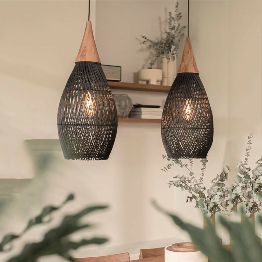 Lampara Colgante Rattan Negro Gota 25cm