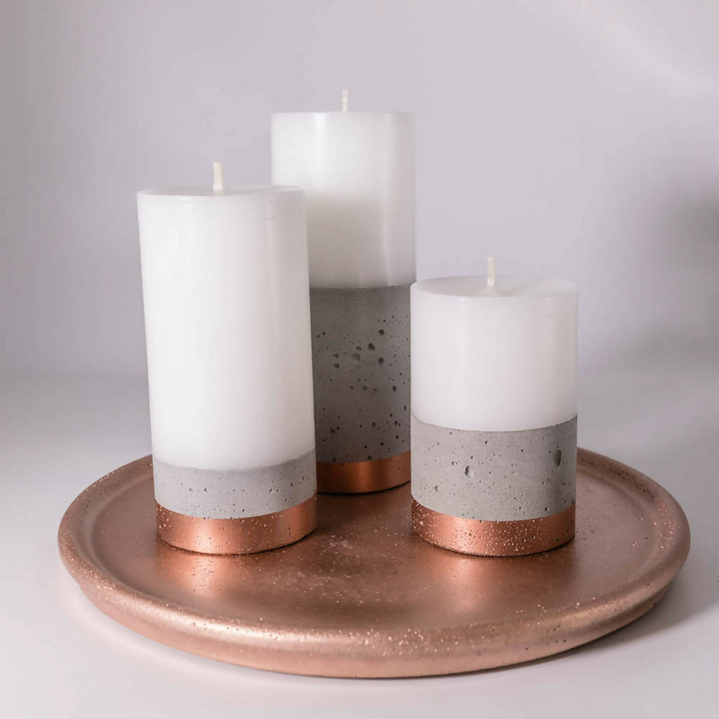 Set 3 velas con hormigón línea cobre en Bandeja de hormigón color cobre