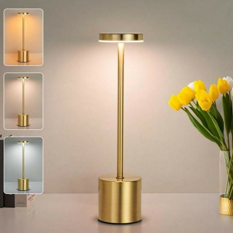 LAMPARA DE MESA RECARGABLE TOUCH DORADO DIMEABLE 3 TONOS DE LUZ