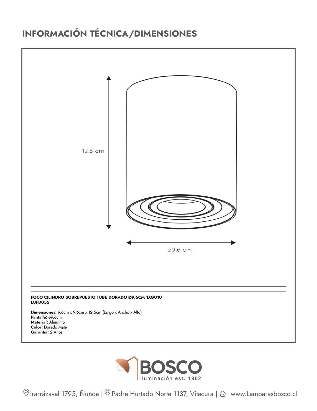 FOCO CILINDRO SOBREPUESTO TUBE DORADO Ø9,6cm 1XGU10