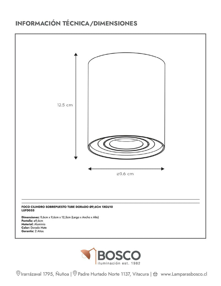 FOCO CILINDRO SOBREPUESTO TUBE DORADO Ø9,6cm 1XGU10
