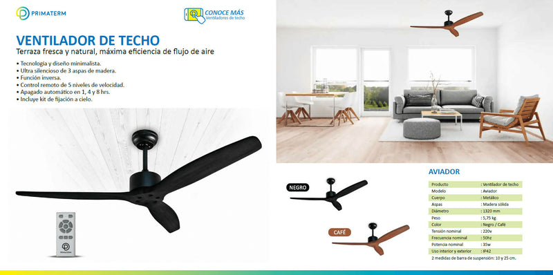 Ventilador de Techo Aviador Café Ajustable 52” PRIMATERM