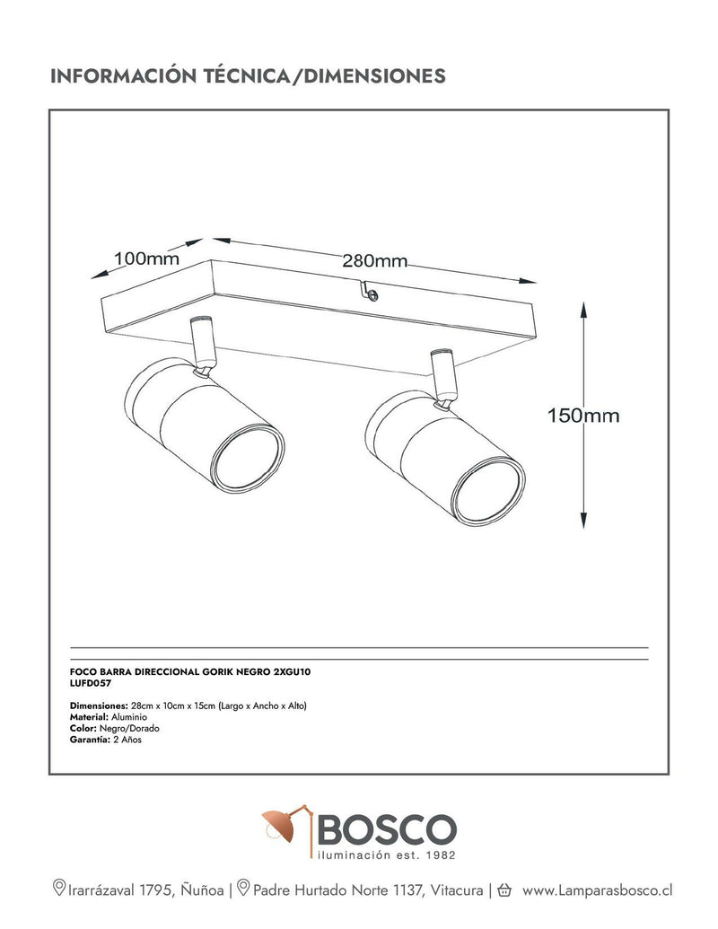 FOCO BARRA DIRECCIONAL GORIK NEGRO 2XGU10