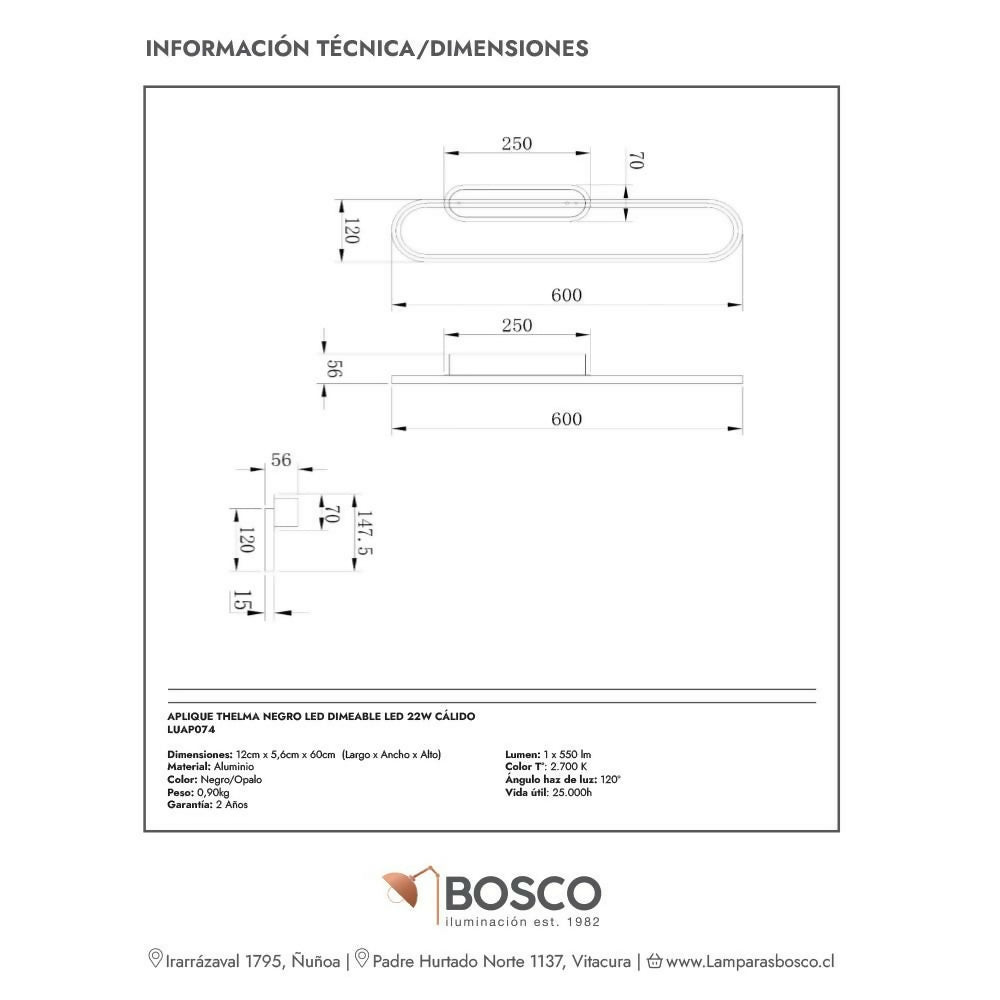 APLIQUE THELMA NEGRO LED DIMEABLE LED 22W CÁLIDO