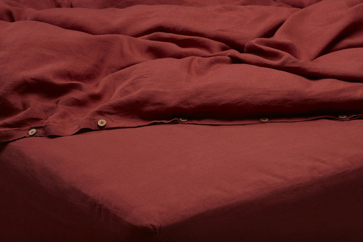 Set funda plumón 100% lino prelavado, color granate.