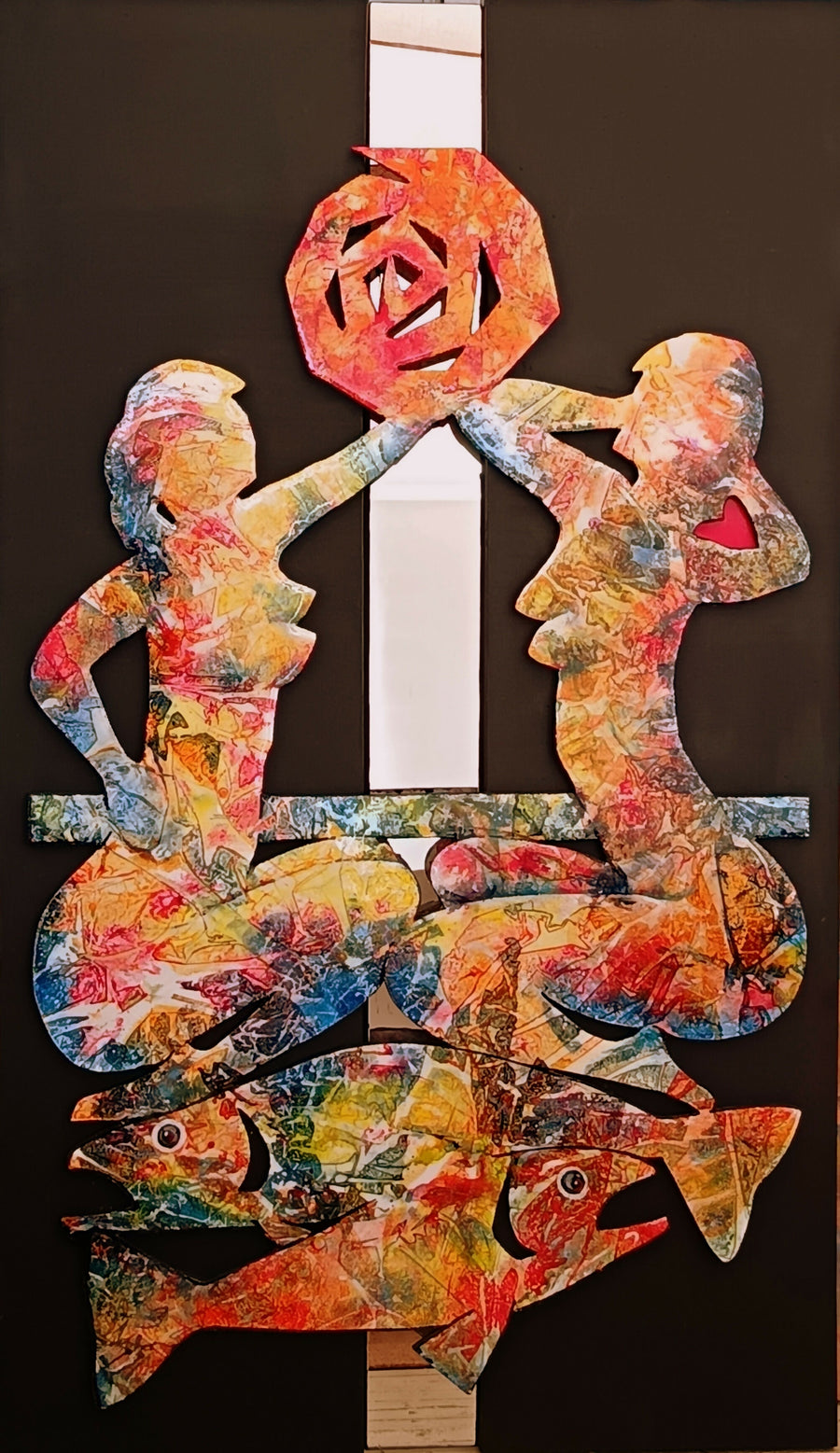 4- TRIO mixta  acrilico en madera calada espejo montado en tela sellado resina 140x81 cm.