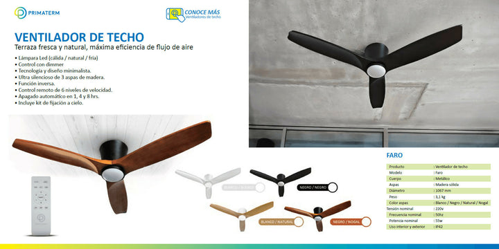 Ventilador de Techo Faro Natural con Luz Led 3 Colores 42” PRIMATERM