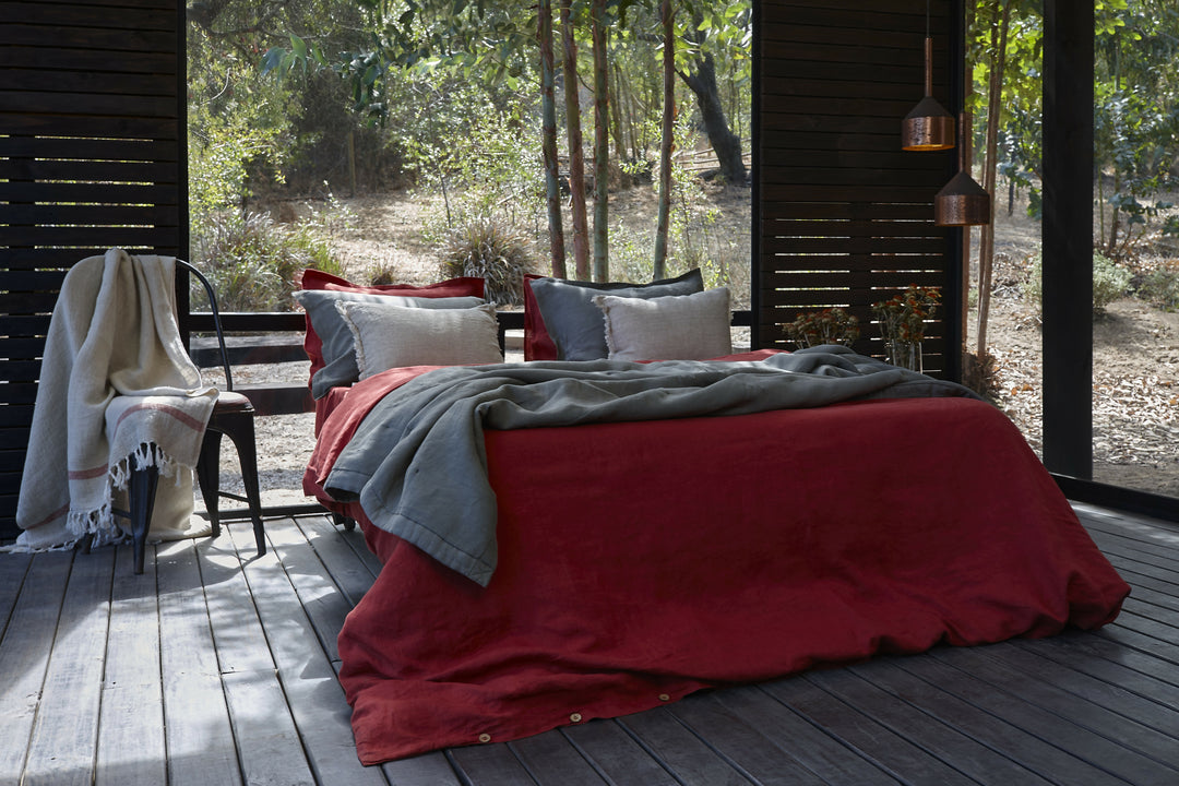 Set funda plumón 100% lino prelavado, color granate.