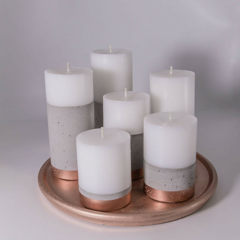 Set 6 velas con hormigón línea cobre en bandeja de hormigón color cobre
