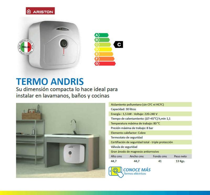 Termo Eléctrico Andris 30 Litros Italiano 1,5Kw 80°c ARISTON