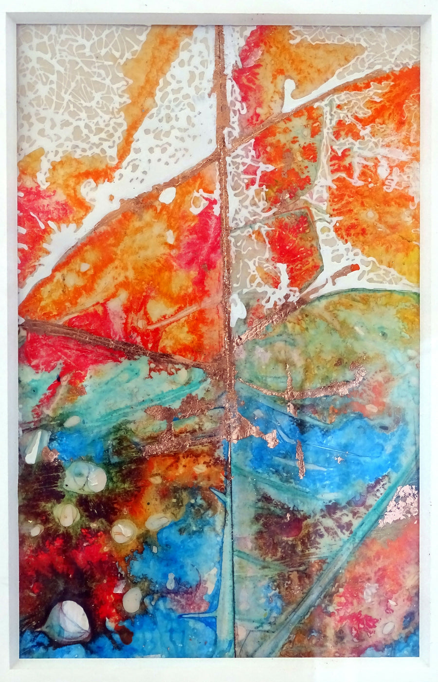 MONDOS PARALELOS, Monotipia en acrílicos sobre papel, pande oro sellante, con paspartu y vidrio, sin enmarcar, 2025