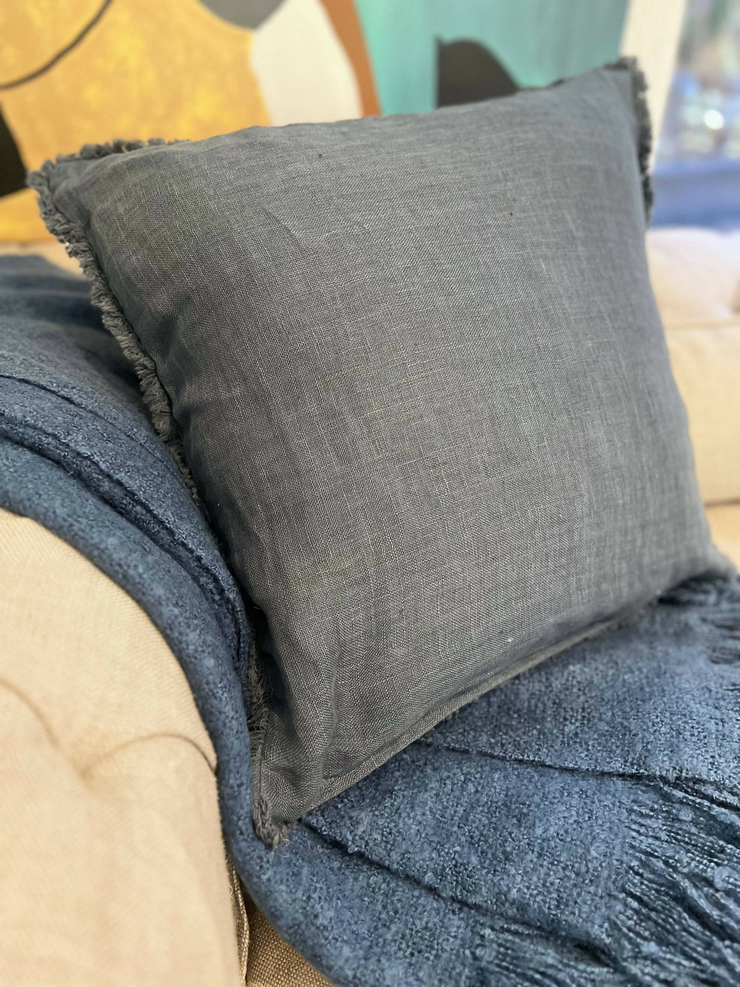 Funda de Lino Azul con Flecos