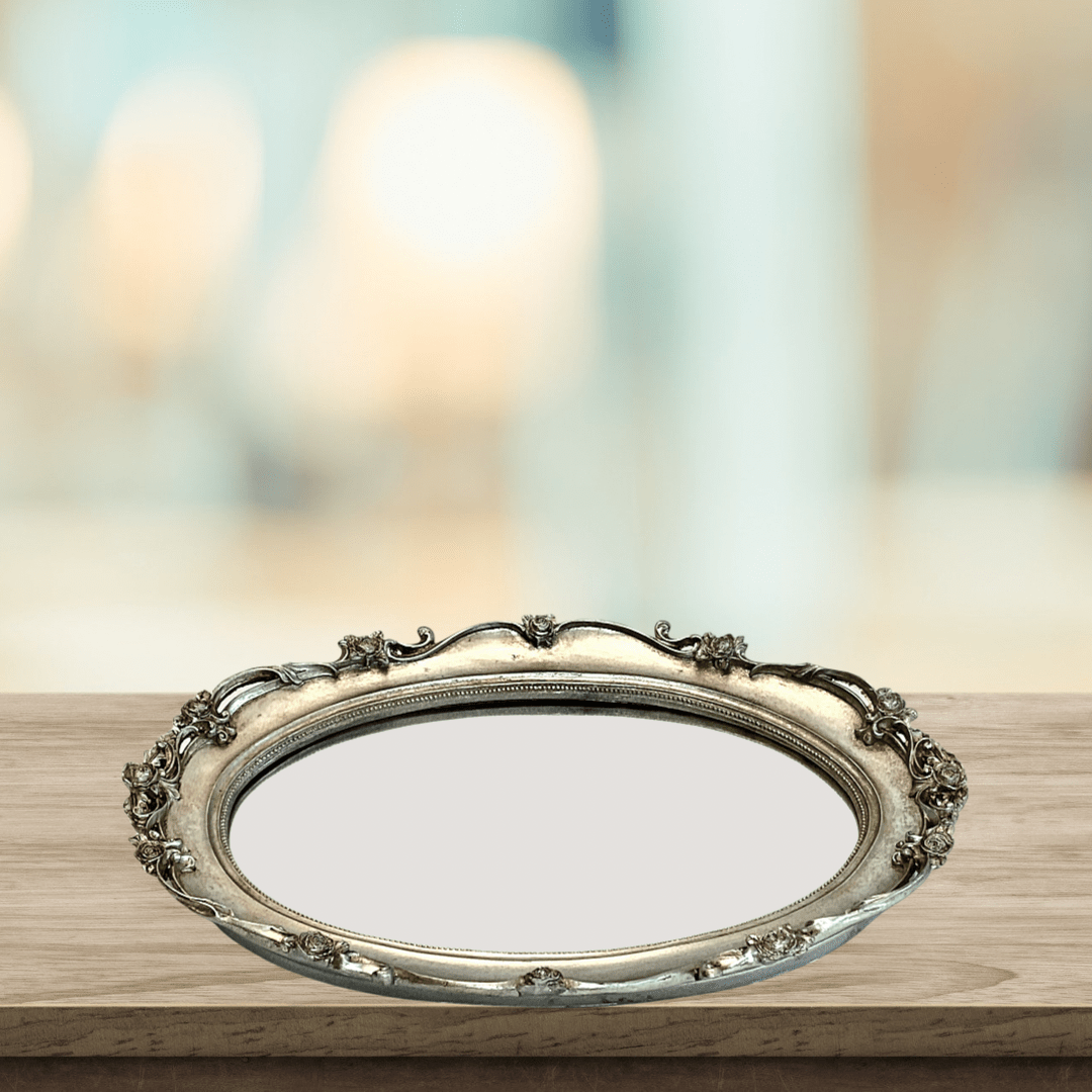 BANDEJA CON ESPEJO OVALADA PLATA