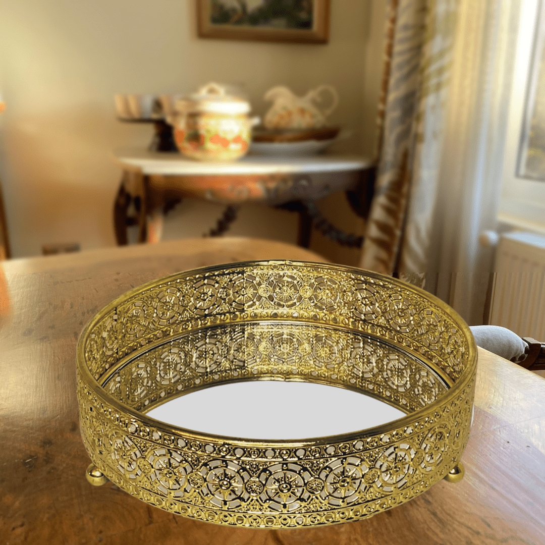 BANDEJA CIRCULAR DORADA CON ESPEJO GRANDE