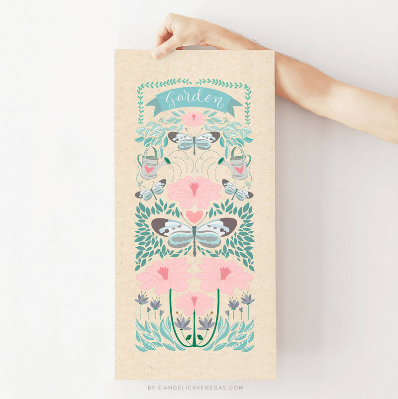 Lámina DECO Arte Folk, Print con ilustración de Flores, Mariposas y Lettering para amantes de la Jardín