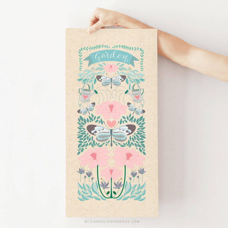 Lámina DECO Arte Folk, Print con ilustración de Flores, Mariposas y Lettering para amantes de la Jardín