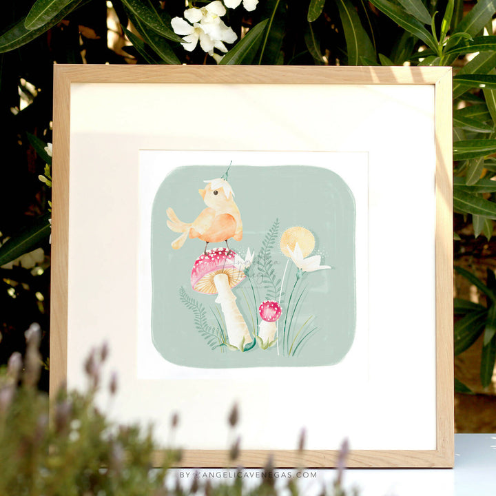 Cuadro Pajarito Amarillo · Grabado Clicée · Moldura 100% madera