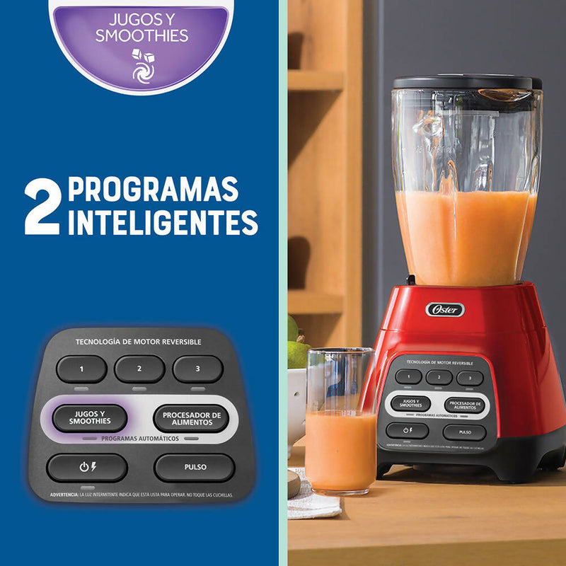 Licuadora Oster® roja con programas automáticos, tecnología reversible y vaso Blend-N-Go BLSTPYG1310RBG Oster