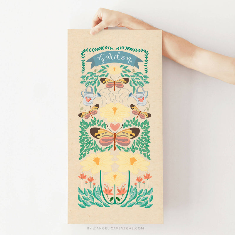 Lámina DECO Arte Folk, Print con ilustración de Flores, Mariposas y Lettering para amantes de la Jardín
