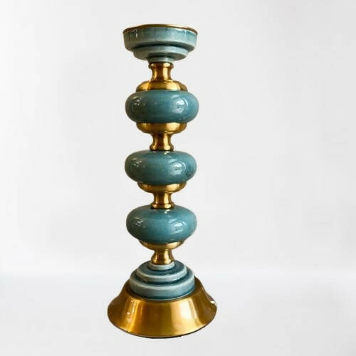 CANDELABRO DE CERAMICA Y METAL TURQUESA Y DORADO