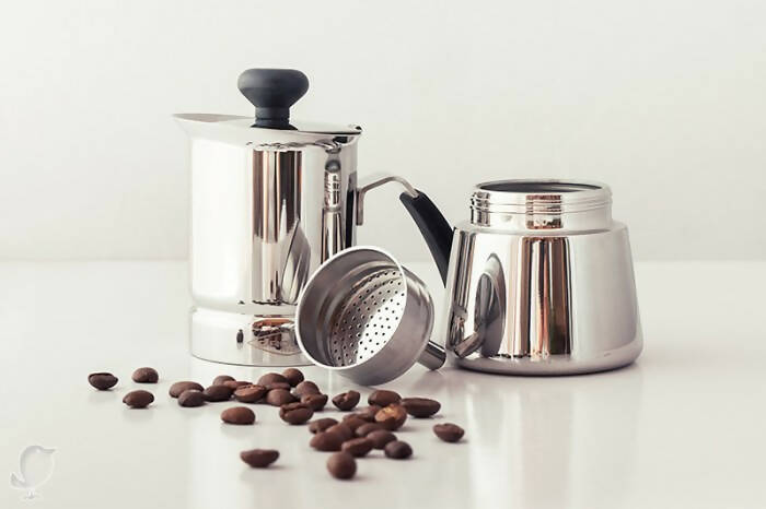 Set Cafetera Acero Inoxidable Arges 2 tazas + 2 vasos doble pared Palermo 100ml.