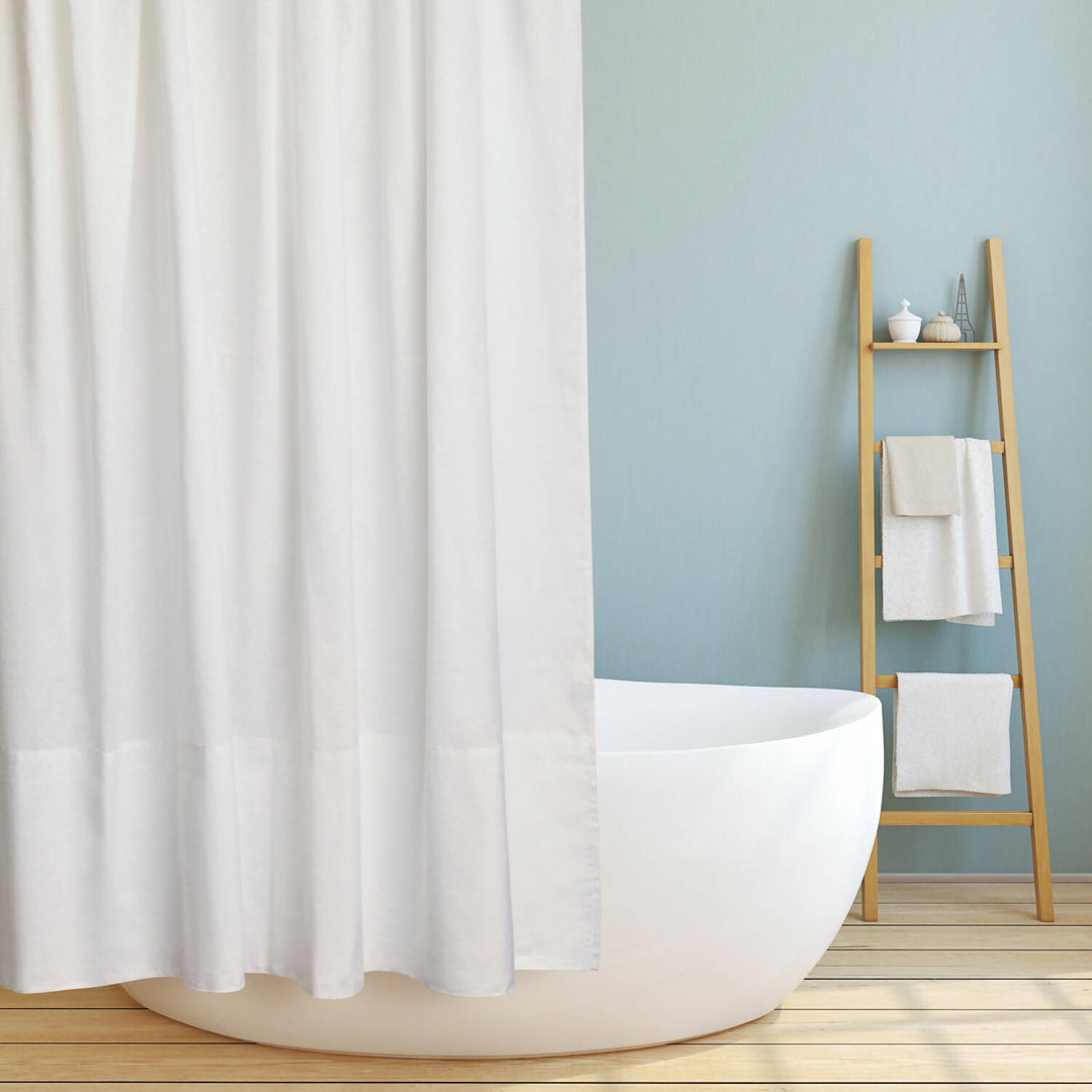 Cortina de Baño blanca tela lino-algodón, tamaño 180x200cm