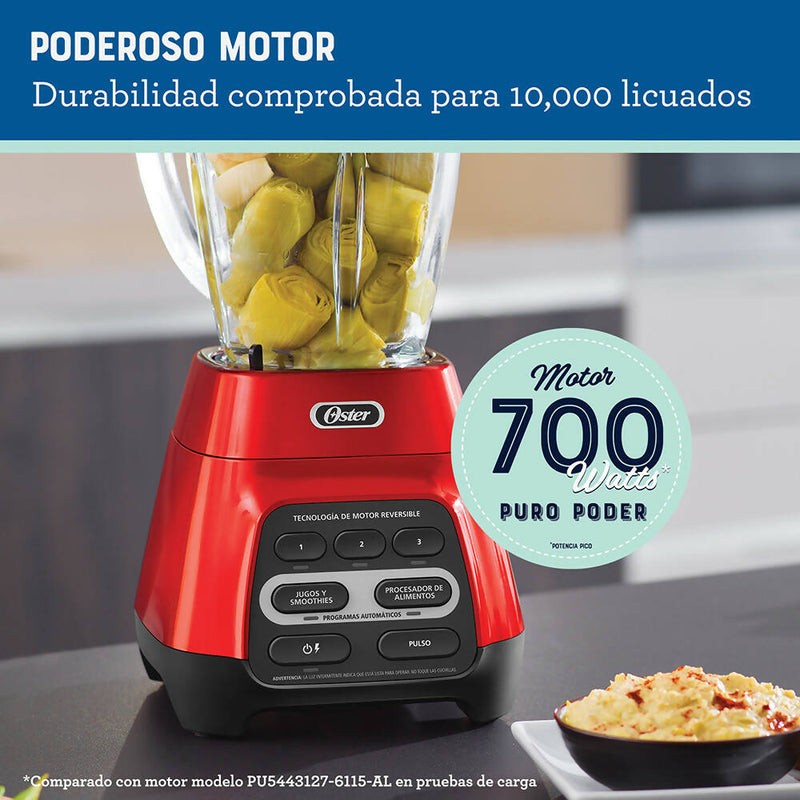 Licuadora Oster® roja con programas automáticos, tecnología reversible y vaso Blend-N-Go BLSTPYG1310RBG Oster